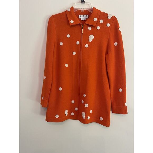 JSS Woman’s Knit Wear Blazer sz S Orange/Embroidered Cream Circle Wool blend USA - Picture 3 of 12